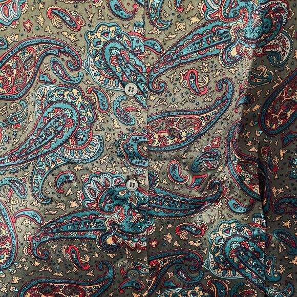 BEAUTIFUL QUEENIE Vtg‎ Paisley 100% Silk Blouse-Button Back-80's 90's- Olive-16 - Picture 3 of 8